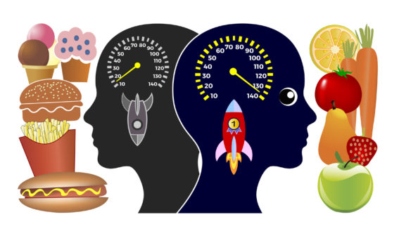 Illustration of two heads with fast food items on the right and fruit and vegetables on the right.