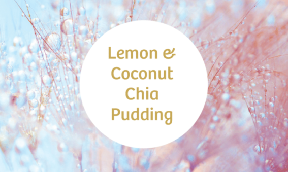 A round text box with the words lemon and coconut chia pudding on a light blue and pink background