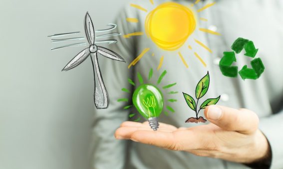 Graphic images illustrating a sun, light bulb, turbine, a seedling and the recycle symbol on the palm of a man.