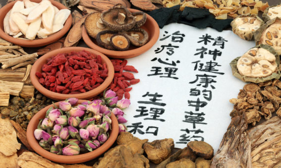 Chinese herbs used in alternative herbal medicine with calligraphy script on rice paper. Translation reads as traditional ancient chinese medicine to heal mind, body and spirit.