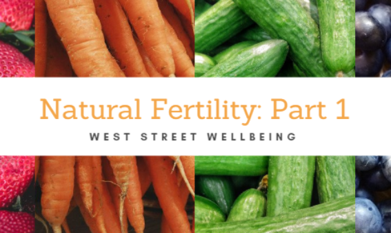 A collage of strawberries, carrots, cucumbers and blueberries with a text box reading natural fertility: part 1, west street wellbeing.